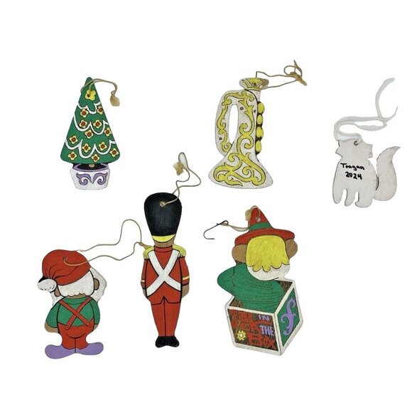Vtg 1990's & Modern Hand Painted Wooden Christmas Ornaments 4-6" Double Sided - Picture 2 of 4